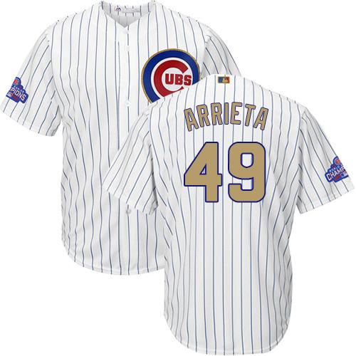 Cubs #49 Jake Arrieta White(Blue Strip) Gold Program Cool Base Stitched MLB Jersey